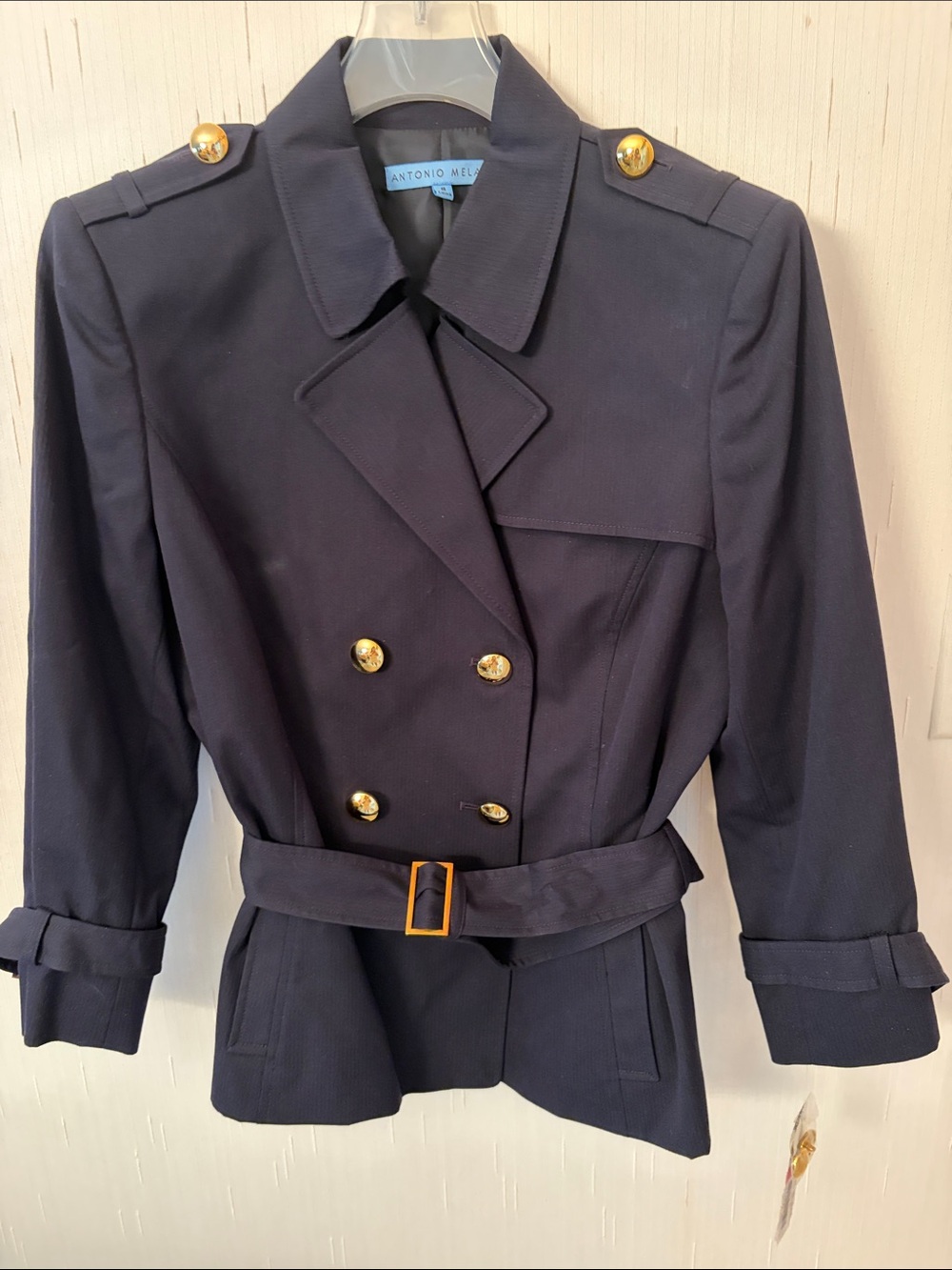ANTONIO MELANI Navy Double-Breasted Trench Coat with Gold Buttons